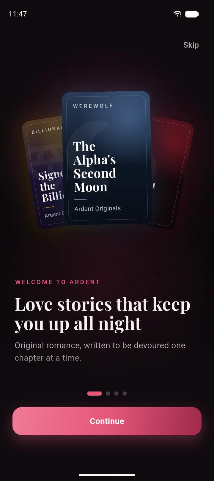 Ardent welcome screen: Love stories that keep you up all night