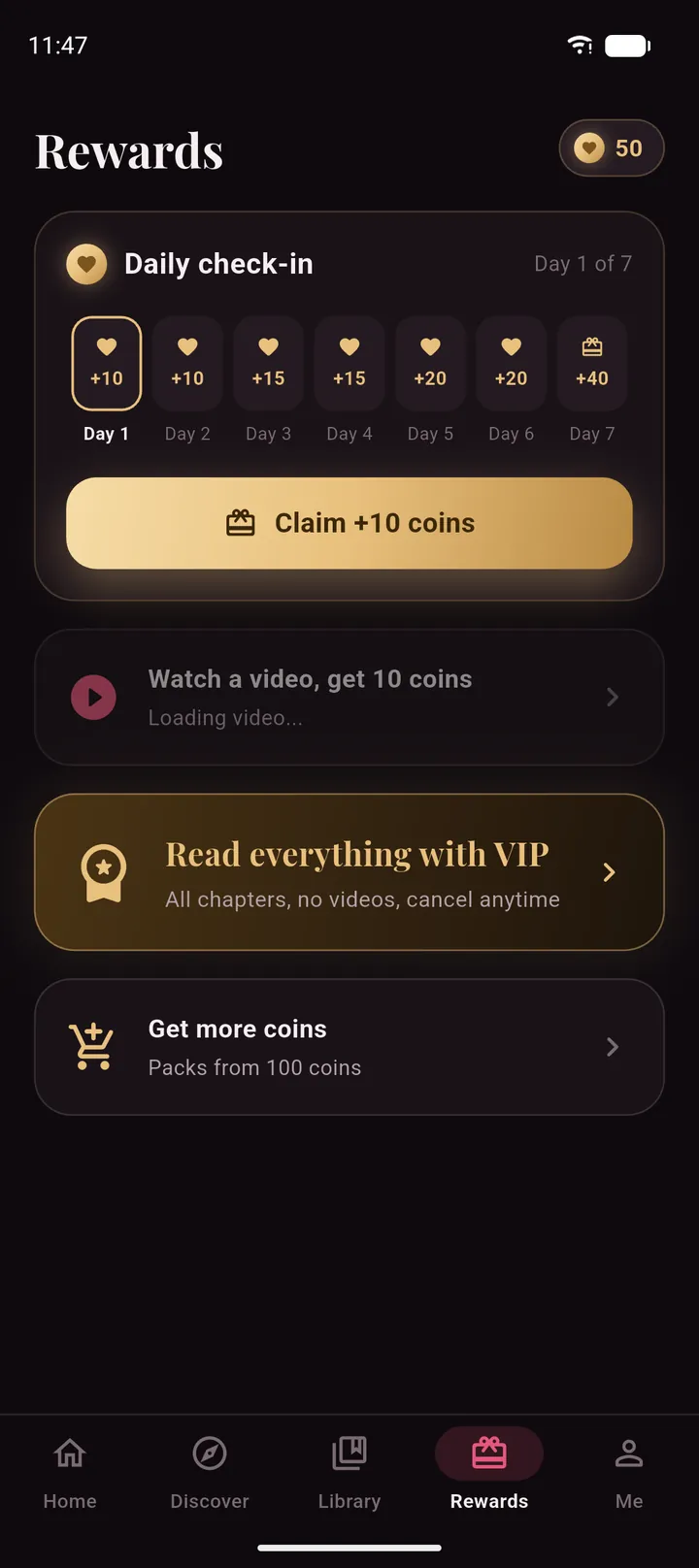 Ardent rewards screen with daily check-in coins